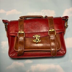 Two-Tone Red and Brown Leather Messenger Bag with Brass Hardware